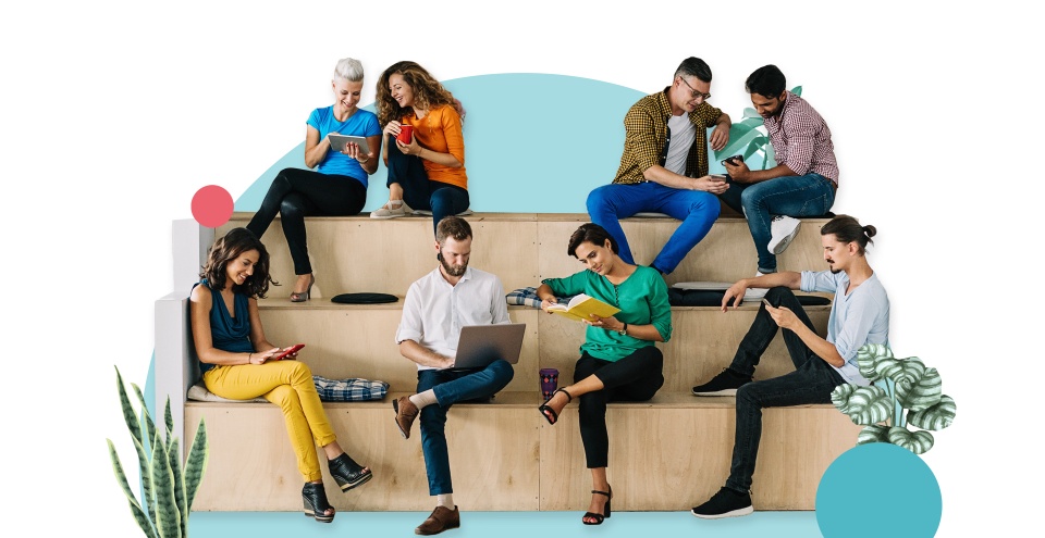 Acht Personen auf einer Holzbank, die auf unterschiedliche Weise arbeiten
