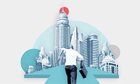 Collage illustration with a businessman running on top of an arrow heading to a city with tall buildings